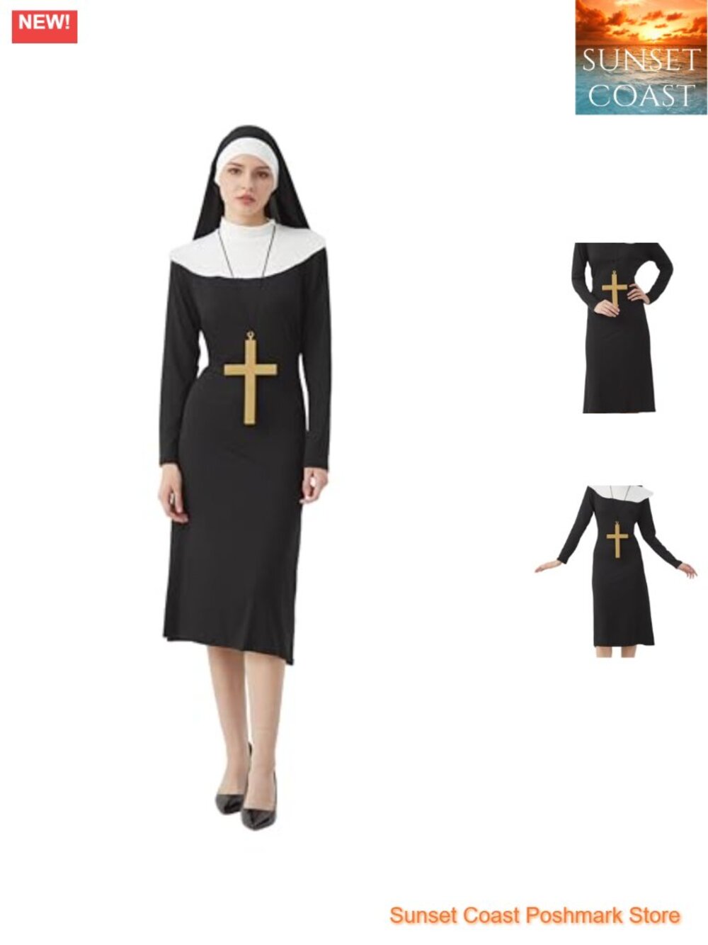 Nun Costume Set Adult Dress Hat Cross Pendant Cosplay Halloween